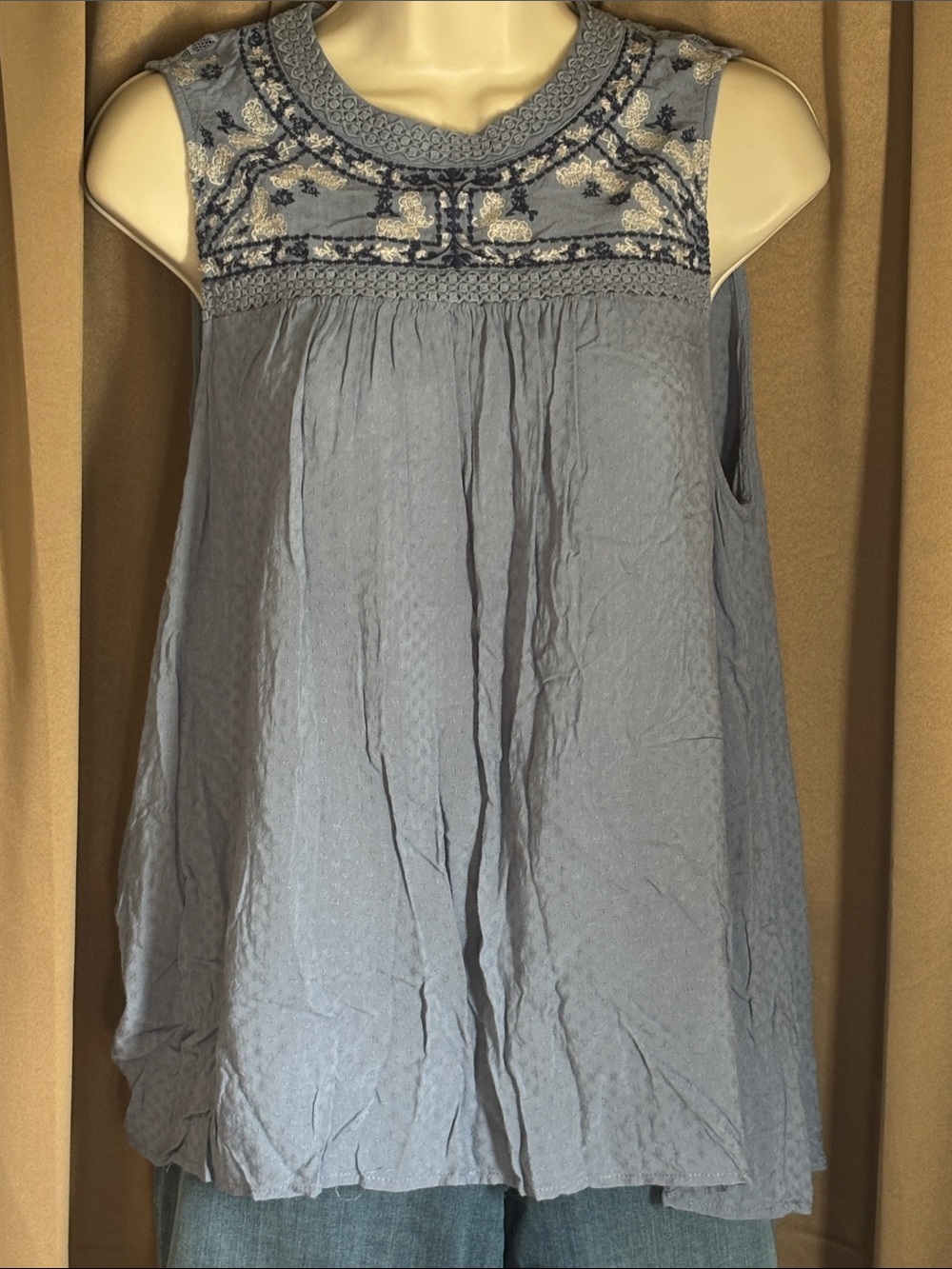 Knox Rose Dusty Blue Embroidered Yoke Sleeveless Top